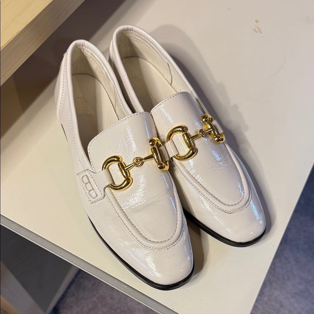 Jeffrey Campbell White Patent Loafers with Gold Horsebit